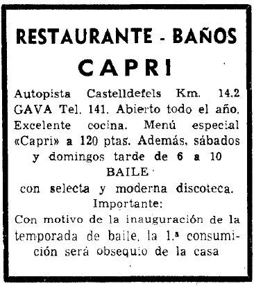 Anunci de la inauguraci de la temporada de ball del restaurant-balneari Capri de Gav Mar publicat al diari La Vanguardia el 9 de mar de 1968